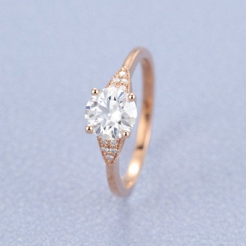 Halo Diamond Forever One Moissanite Engagement Ring in 14k Rose Gold Scalloped Diamond Wedding Band Round Cut Moissanite Ring - pramukhimpex