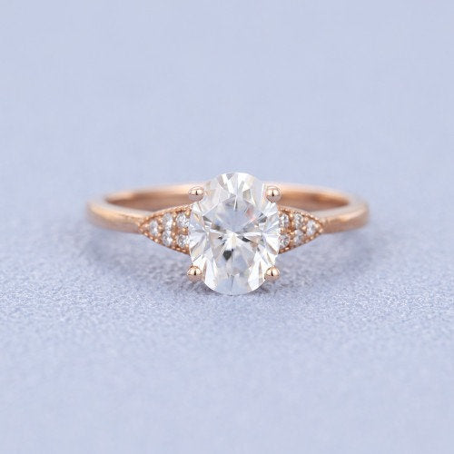 0.90ct Oval Cut colorless moissanite Engagement ring Oval vintage Unique Rose Gold  round diamond ring minimalist for women anniversary ring - pramukhimpex