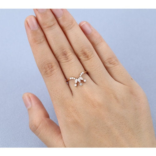 Curved wedding band rose gold women vintage Marquise cut Moissanite stacking matching Unique Promise Diamond Bridal Anniversary Gift for her - pramukhimpex