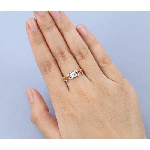 Vintage Moissanite engagement ring leaf flower ring alternative ring rose gold ring art deco promise ring prong set unique anniversary ring - pramukhimpex