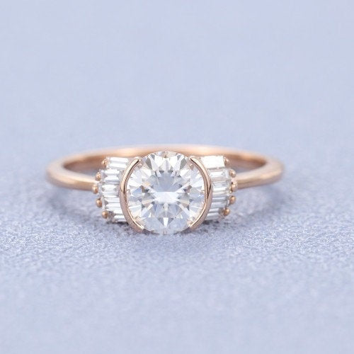 Rose Gold Unique Vintage Baguette Moissanite Round Diamond engagement ring for women Wedding Anniversary Jewellery Elegant Christmas gift - pramukhimpex