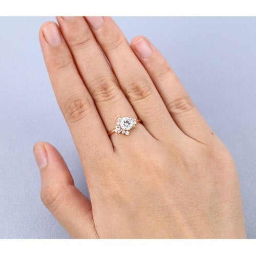 Cluster Moissanite engagement ring round cut Unique Rose gold engagement ring Diamond ring for women vintage Bridal anniversary gift for her - pramukhimpex