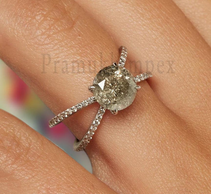 2.30c. Round Salt and Pepper Diamond Moissanite engagement ring 14k gold wedding gift for her eternity vintage Unique simple art deco ring - pramukhimpex