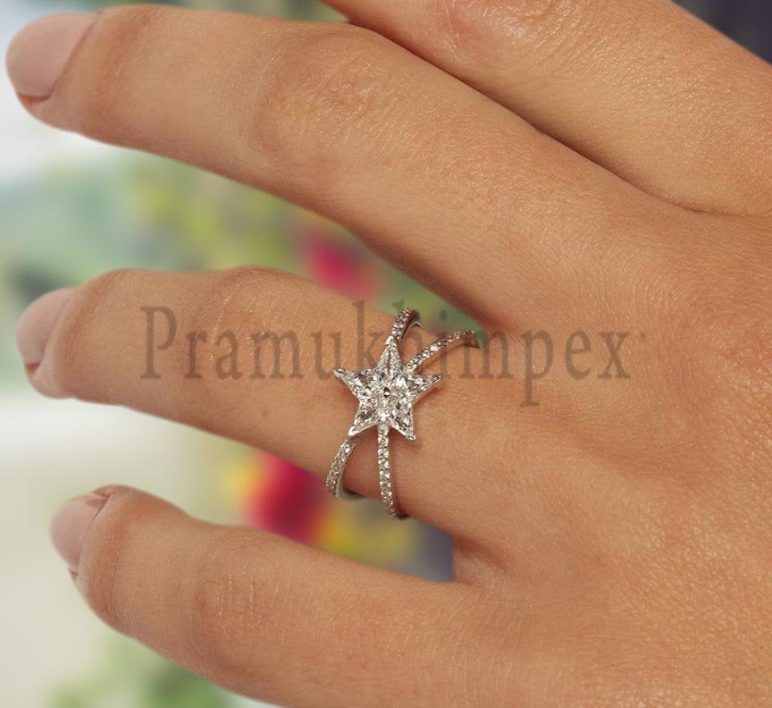 1.30 ctw Star engagement ring 14k white gold diamond wedding gift for her danity vintage simple Moissanite promise ring art deco unique ring - pramukhimpex
