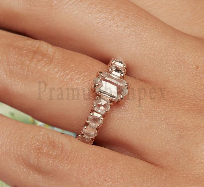 3.42 CTW Hexagon rose cut diamond ring rose cut diamond delicate minimal diamond ring Simple hexagon ring 14k gold Diamond Engagement Ring - pramukhimpex