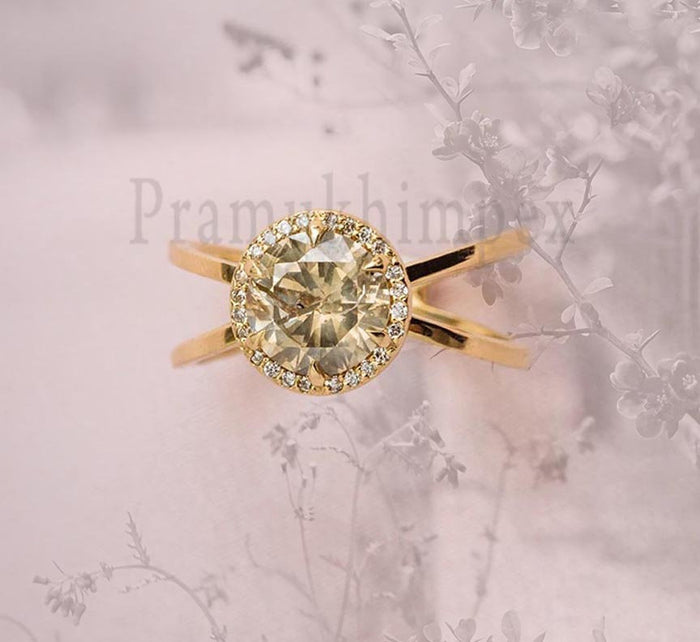 1.54ct Round Cut Rustic Champagne Moissanite engagement ring 14k yellow gold wedding gift for her danity Xstyle vintage cluster promise ring - pramukhimpex