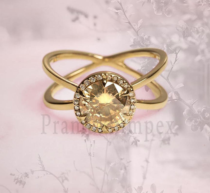 1.54ct Round Cut Rustic Champagne Moissanite engagement ring 14k yellow gold wedding gift for her danity Xstyle vintage cluster promise ring - pramukhimpex