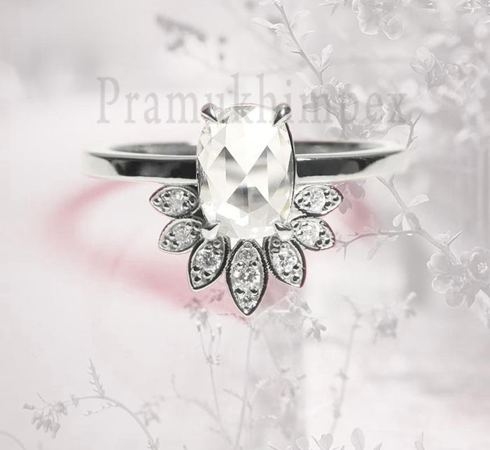 1.25 ct. Oval Rose Cut Moissanite engagement ring, Diamond 14k white gold wedding gift for her danity eternity vintage cluster promise ring - pramukhimpex