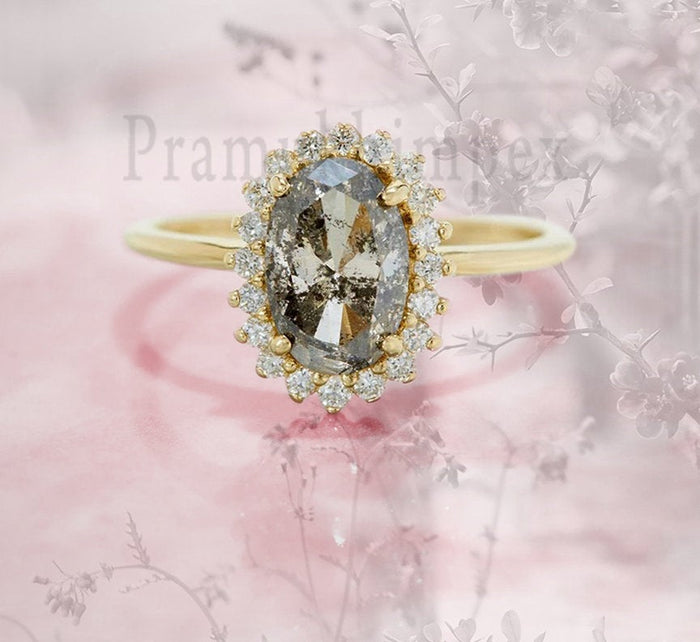 1.35ct Oval-cut Salt and Pepper Moissanite Solid Yellow Gold art deco Statement engagement ring vintage simpe Cluster wedding gifts for her - pramukhimpex