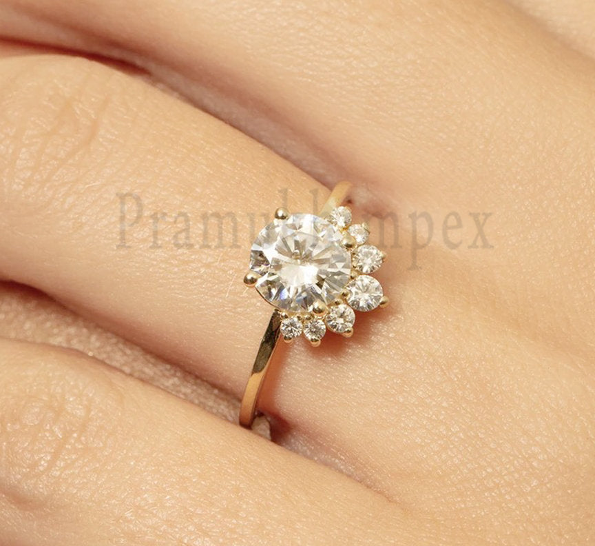 1ct Round Moissanite 14k Solid Yellow Gold art deco Statement Ring engagement ring vintage simpe Cluster flower ring wedding gifts for her - pramukhimpex