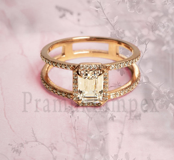 1.2 ct. Emerald Moissanite unique eternity Engagement Ring 14k Rose gold promise ring vintage simple ring wedding art deco anniversary ring - pramukhimpex