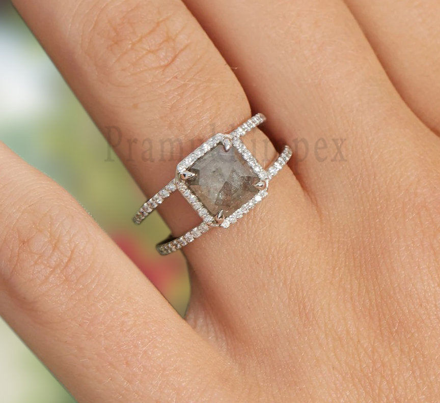 1.67ct Cushion Salt and Pepper ring moissanite eternity Engagement Rings weeding dainity promise ring art deco simple vintage unique ring - pramukhimpex