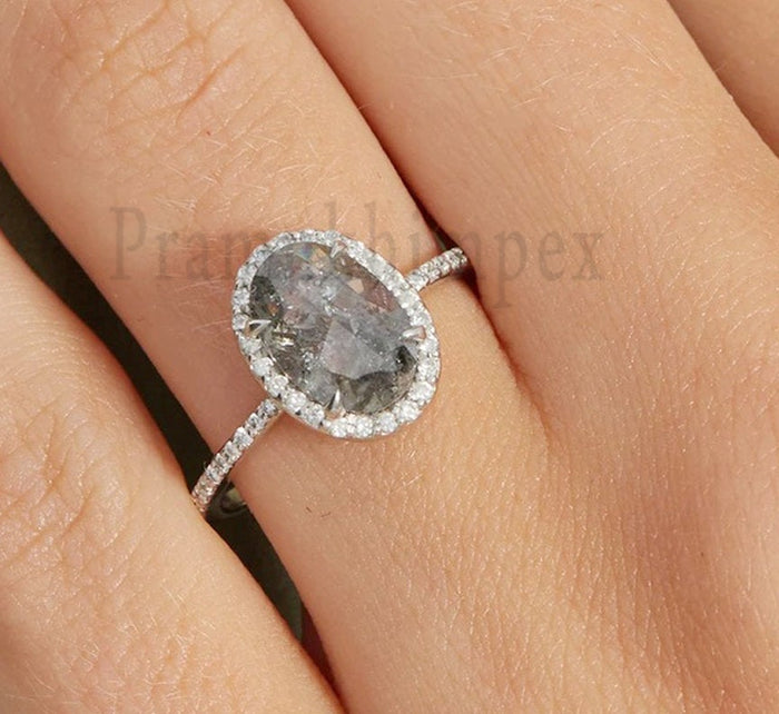 1.59 ct Oval Salt and Pepper Diamond Engagement Ring 14k White Gold Oval Grey Diamond Ring weeding promise ring  anniversary gift for her - pramukhimpex