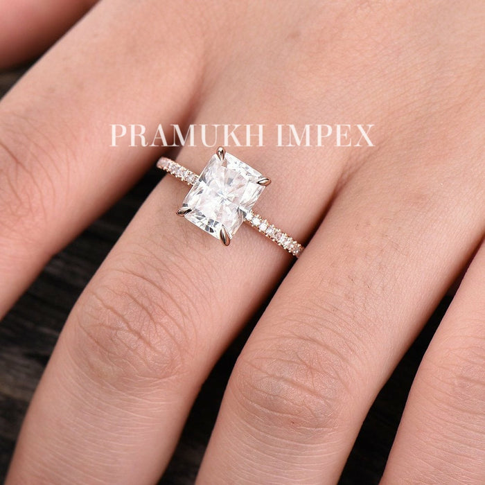 2.85 TCW Crushed Ice Radiant cut Moissanite Engagement Ring hidden halo 14K Rose Gold vintage simple diamond Wedding Ring anniversary gift - pramukhimpex