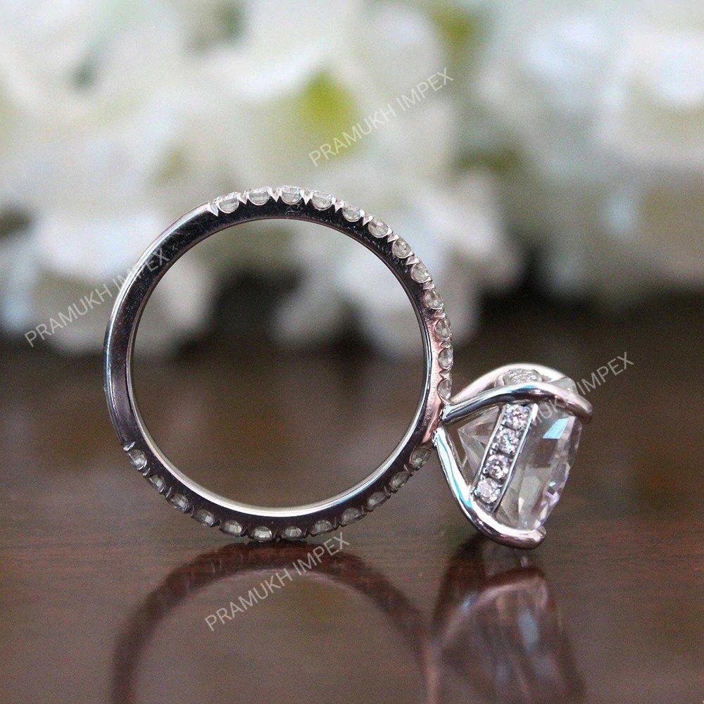 Old Mine Cushion cut half Eternity Hidden Halo Moissanite Engagement Ring 14k White Gold Vintage promise Ring for Diamond wedding Gift - pramukhimpex