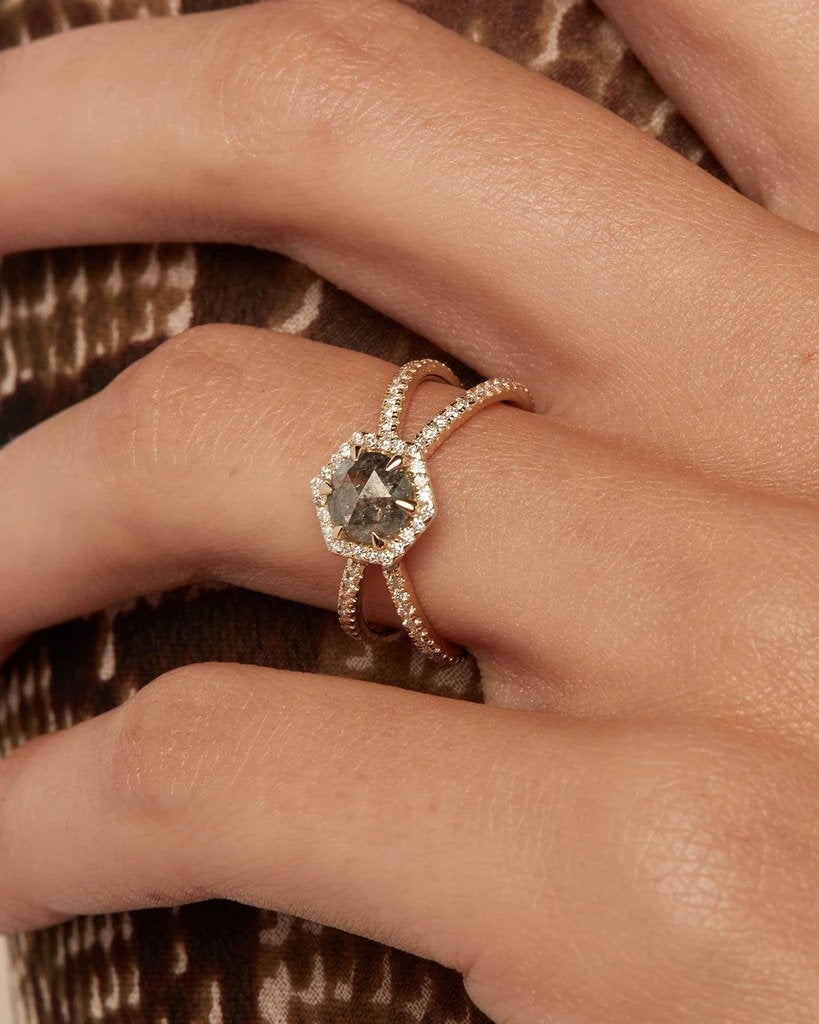 0.67ct hexagon X-style Salt and Pepper Diamond ring moissanite Engagement Rings weeding dainity eternity band promise ring anniversary gift - pramukhimpex