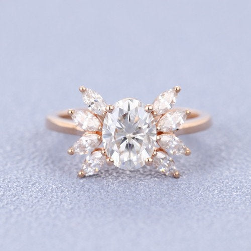Oval Moissanite engagement ring vintage Unique Marquise cut diamond Cluster ring Rose gold ring engagement ring Bridal ring Anniversary ring - pramukhimpex