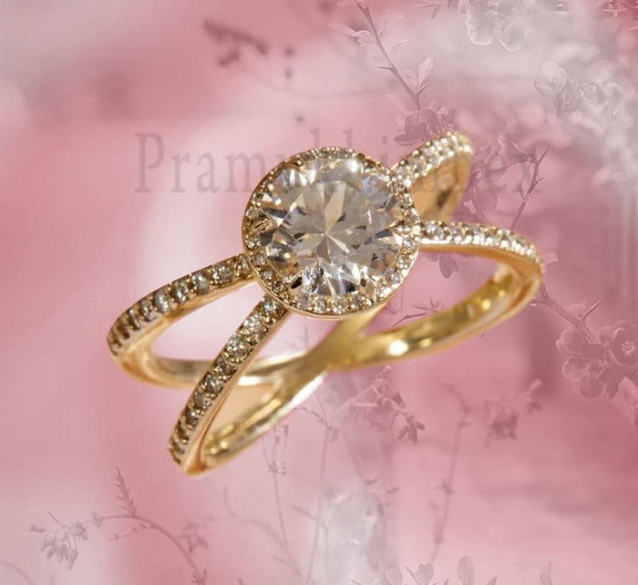 1.28ct Round Moissanite engagement ring 14k yellow gold wedding gift for her danity eternity Xstyle vintage simple promise anniversary ring - pramukhimpex