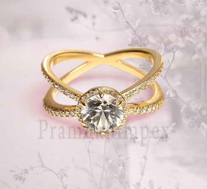 1.28ct Round Moissanite engagement ring 14k yellow gold wedding gift for her danity eternity Xstyle vintage simple promise anniversary ring - pramukhimpex
