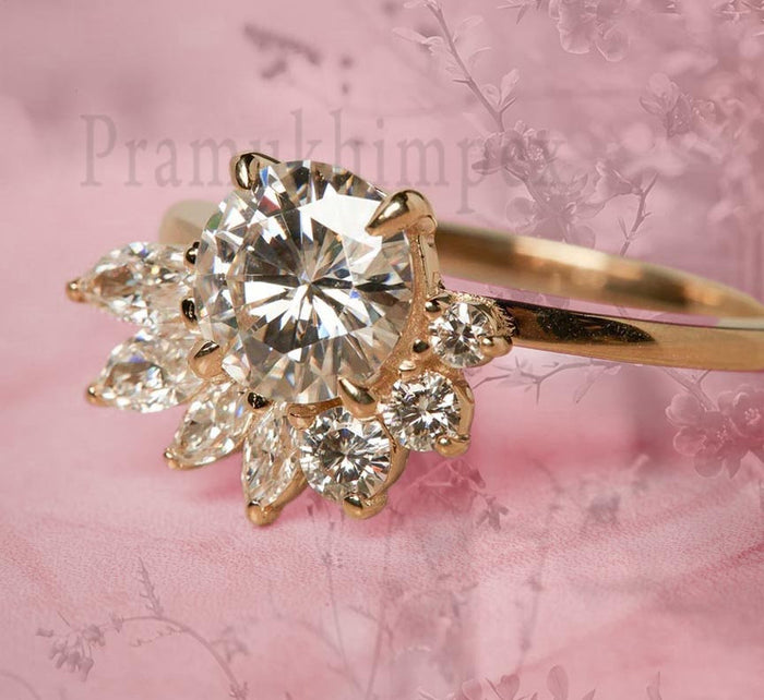 1.5ct Round Moissanite engagement ring vintage Unique Yellow gold engagement ring for women Marquise Cluster wedding Bridal Anniversary gift - pramukhimpex