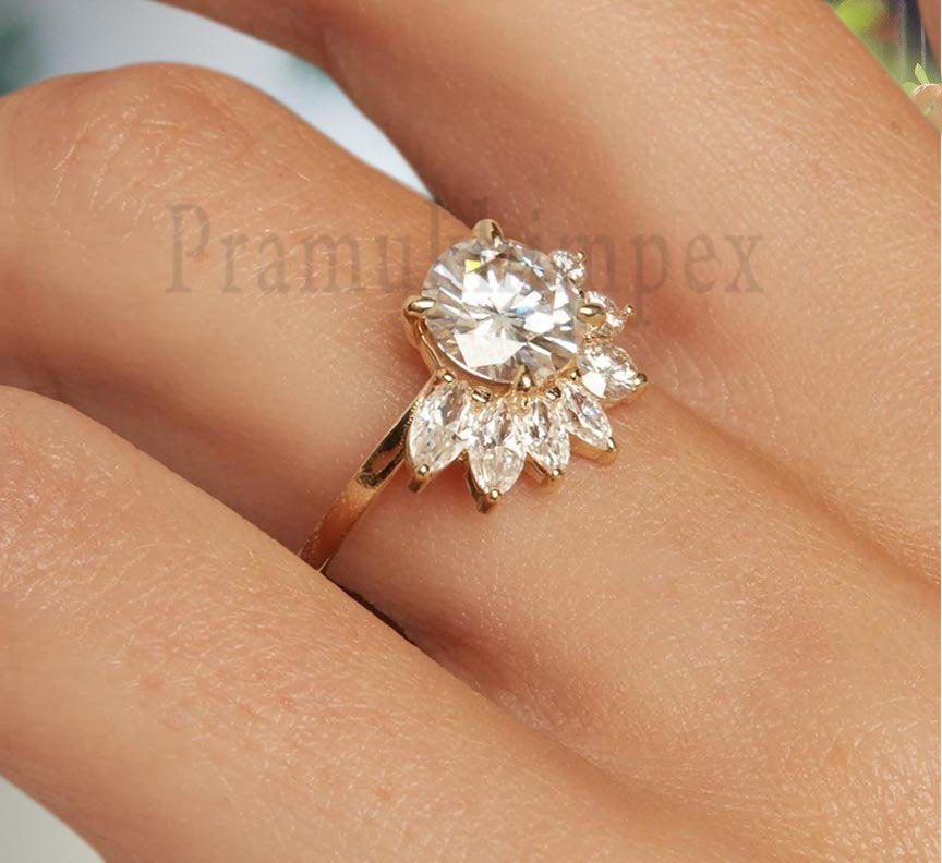 1.5ct Round Moissanite engagement ring vintage Unique Yellow gold engagement ring for women Marquise Cluster wedding Bridal Anniversary gift - pramukhimpex