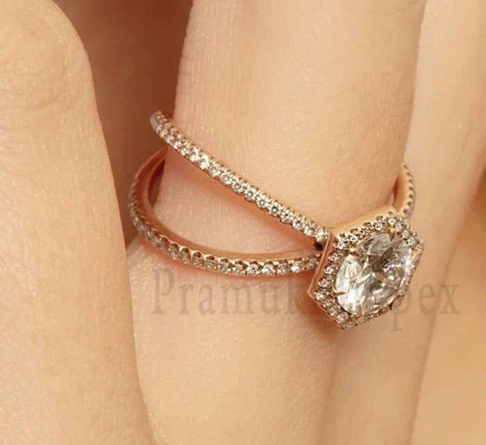 1.09 ct Ring X Band hexagon moissanite 14K Rose Gold Unique Engagement Geometric ring anniversary gifts for women wedding eternity vintage - pramukhimpex