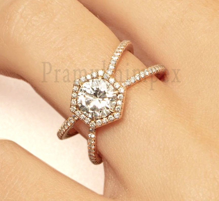 1.09 ct Ring X Band hexagon moissanite 14K Rose Gold Unique Engagement Geometric ring anniversary gifts for women wedding eternity vintage - pramukhimpex