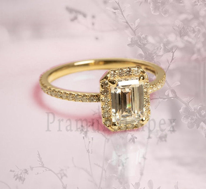 1 CT Emerald Cut Moissanite 14k yellow Gold Halo Ring For Women Engagement Ring Wedding promise ring anniversary gifts for her eternity band - pramukhimpex