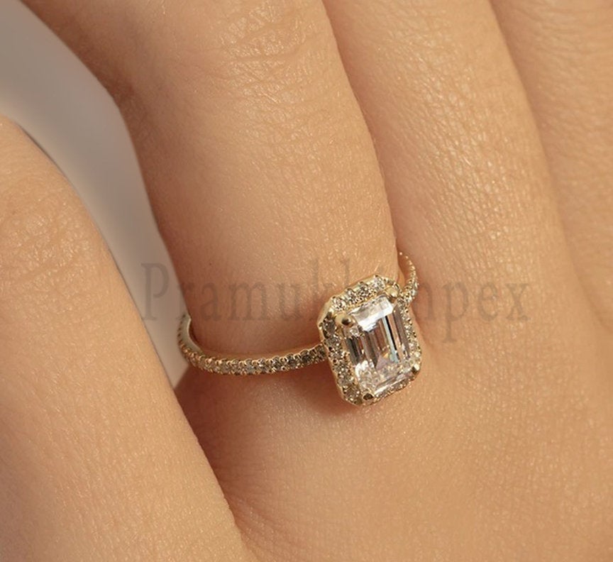 1 CT Emerald Cut Moissanite 14k yellow Gold Halo Ring For Women Engagement Ring Wedding promise ring anniversary gifts for her eternity band - pramukhimpex
