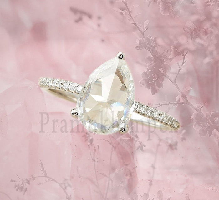 1.57ct pear rose cut moissanite Statement Ring Bridal  Promise Ring Solitaire Vintage Design 925 White gold engagement ring Half eternity - pramukhimpex